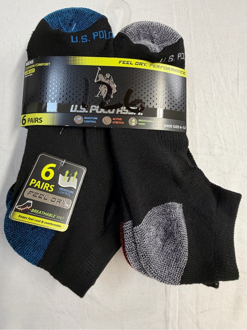 U.S. Polo Assn. Men's Black Low-Cut Socks with Blue and Gray Accents - 6 Pairs